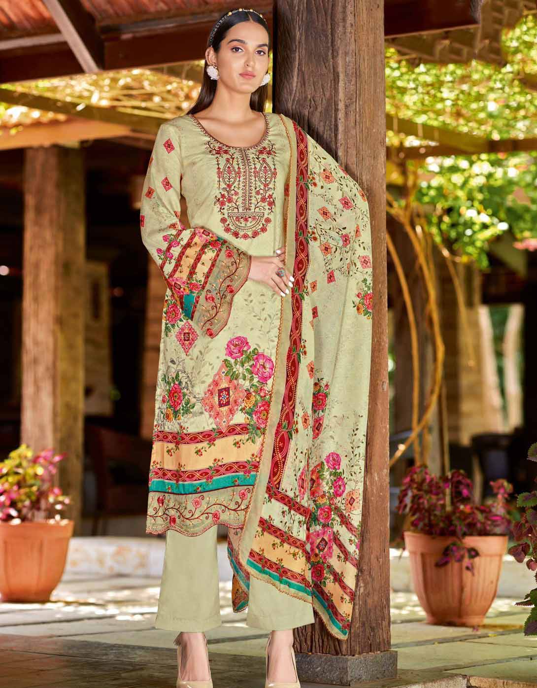 Alok Unstitched Green Pakistani Print Salwar Suit Material - Stilento