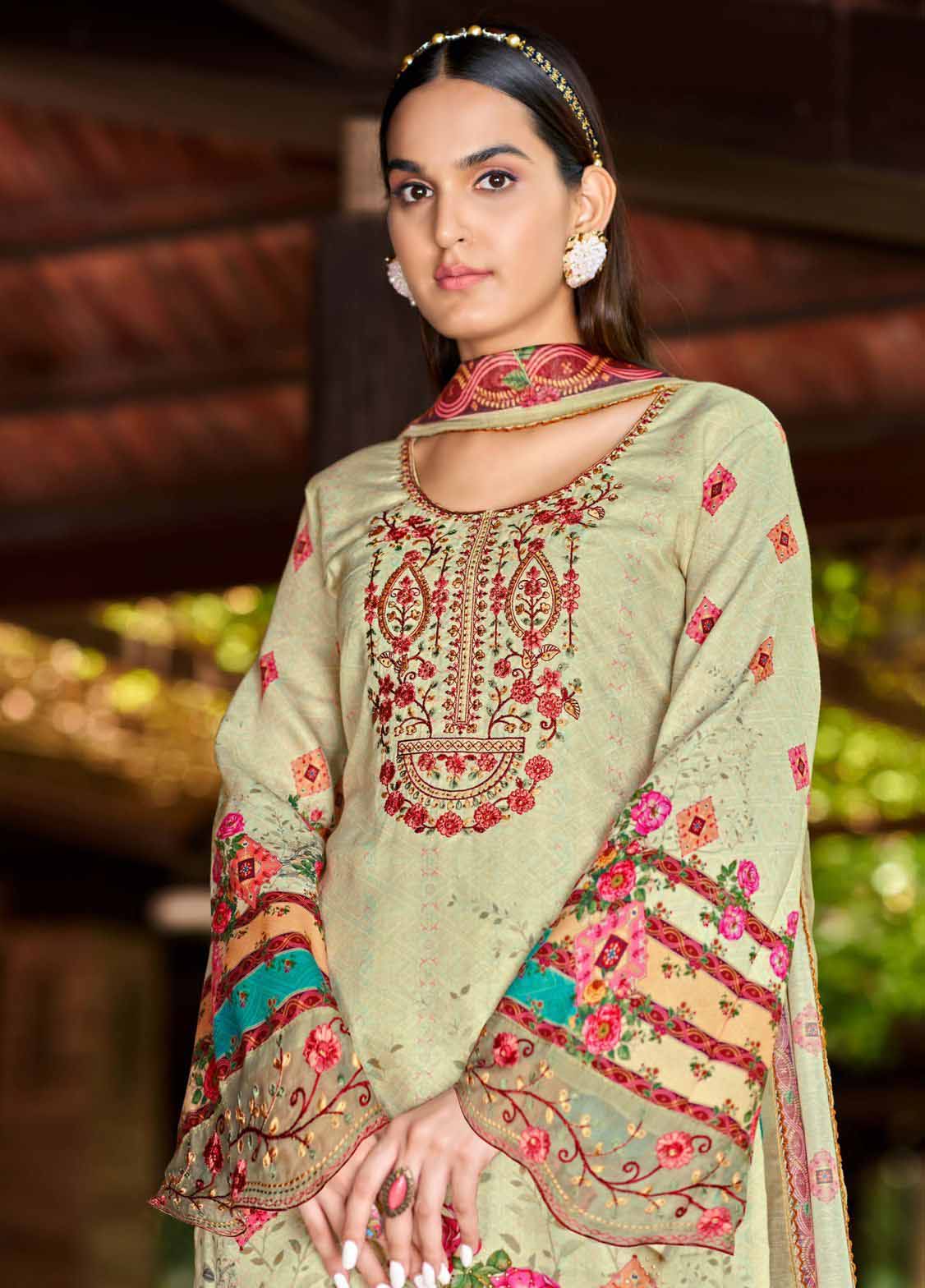 Alok Unstitched Green Pakistani Print Salwar Suit Material - Stilento