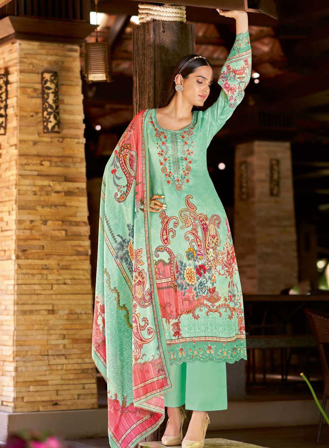 Alok Unstitched Green Pakistani Printed Salwar Suit Material - Stilento