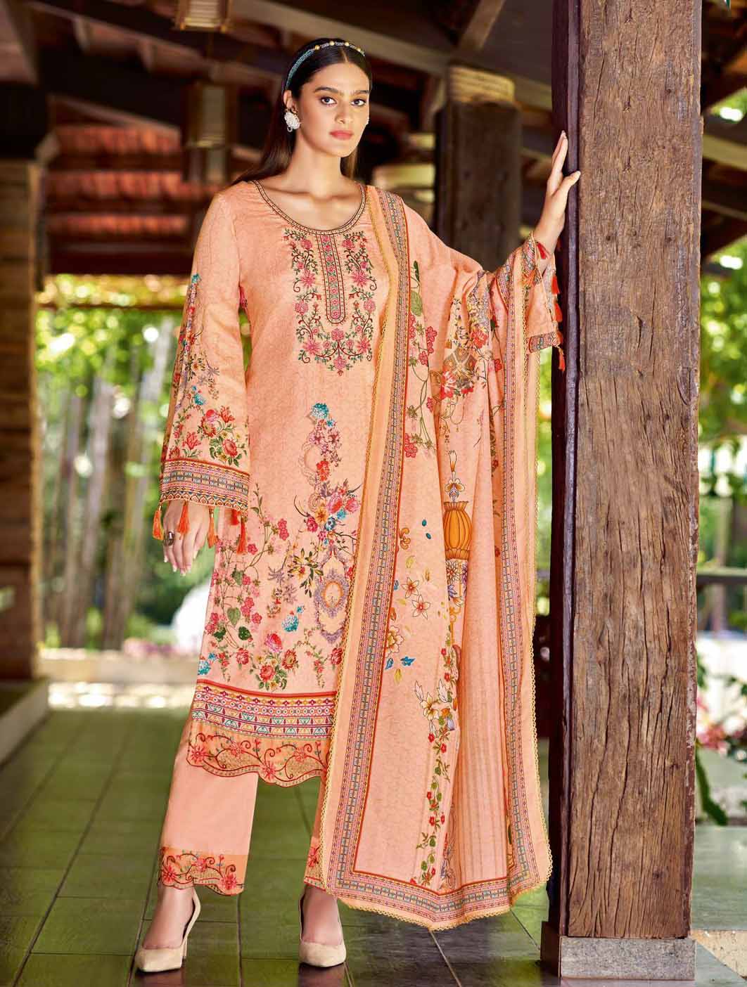 Alok Unstitched Orange Pakistani Printed Salwar Suit Material - Stilento