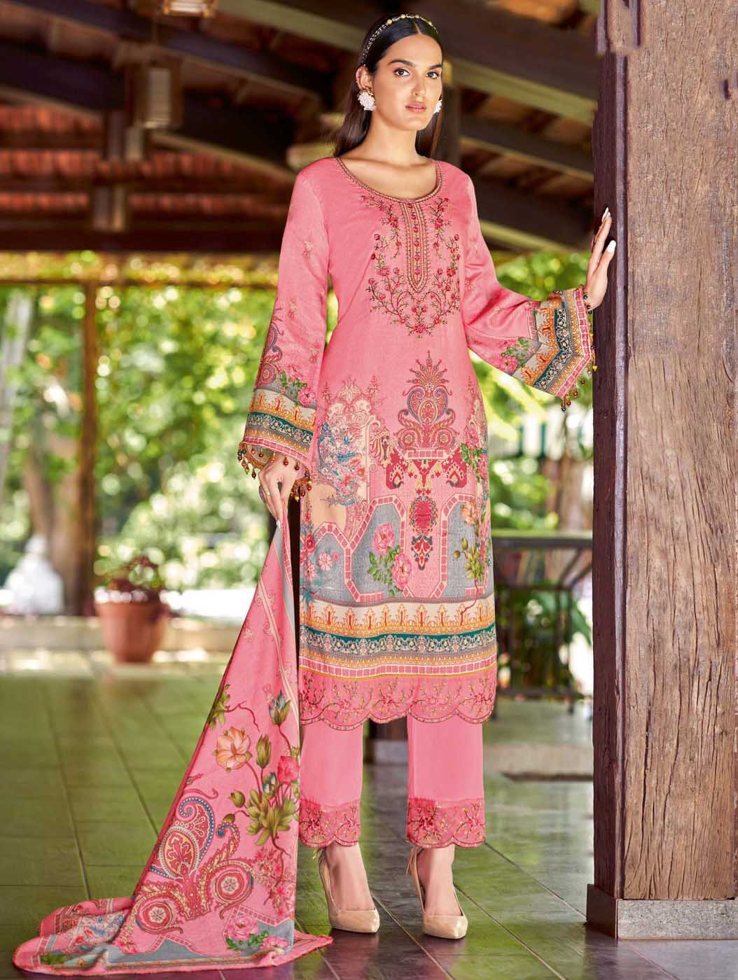 Alok Unstitched Pink Pakistani Print Salwar Suit Material - Stilento