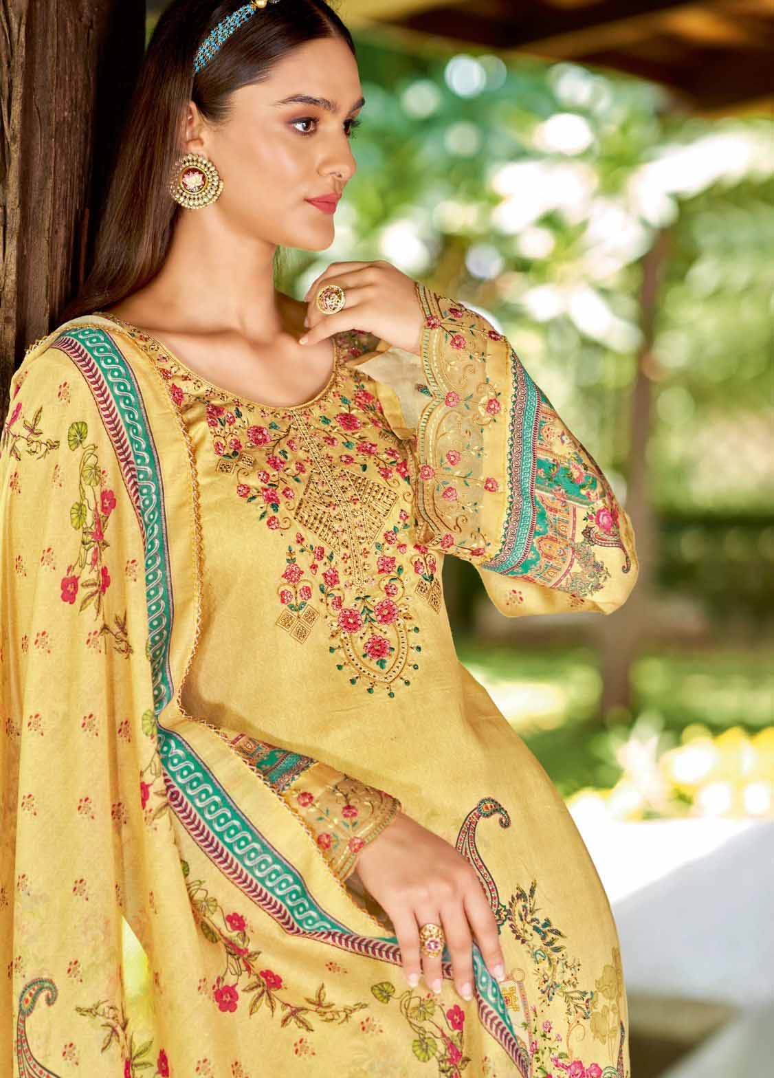 Alok Unstitched Yellow Pakistani Print Salwar Suit Material - Stilento