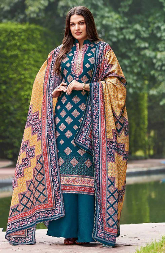 Alok Woolen Pashmina Blue Winter Unstitched Suit With Dupatta - Stilento