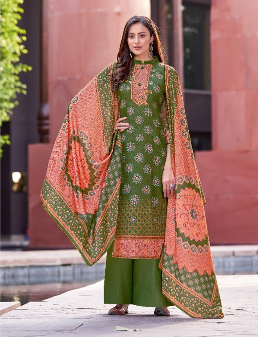 Alok Woolen Pashmina Green Winter Unstitched Suit - Stilento