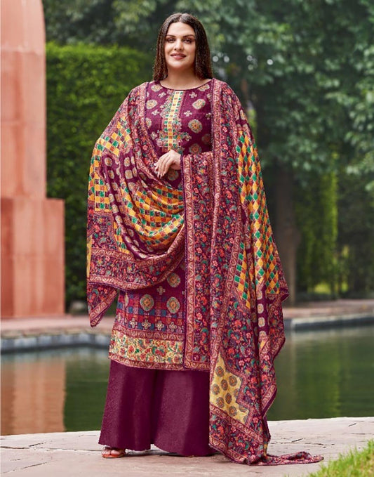 Alok Woolen Pashmina Purple Winter Unstitched Suit With Dupatta - Stilento