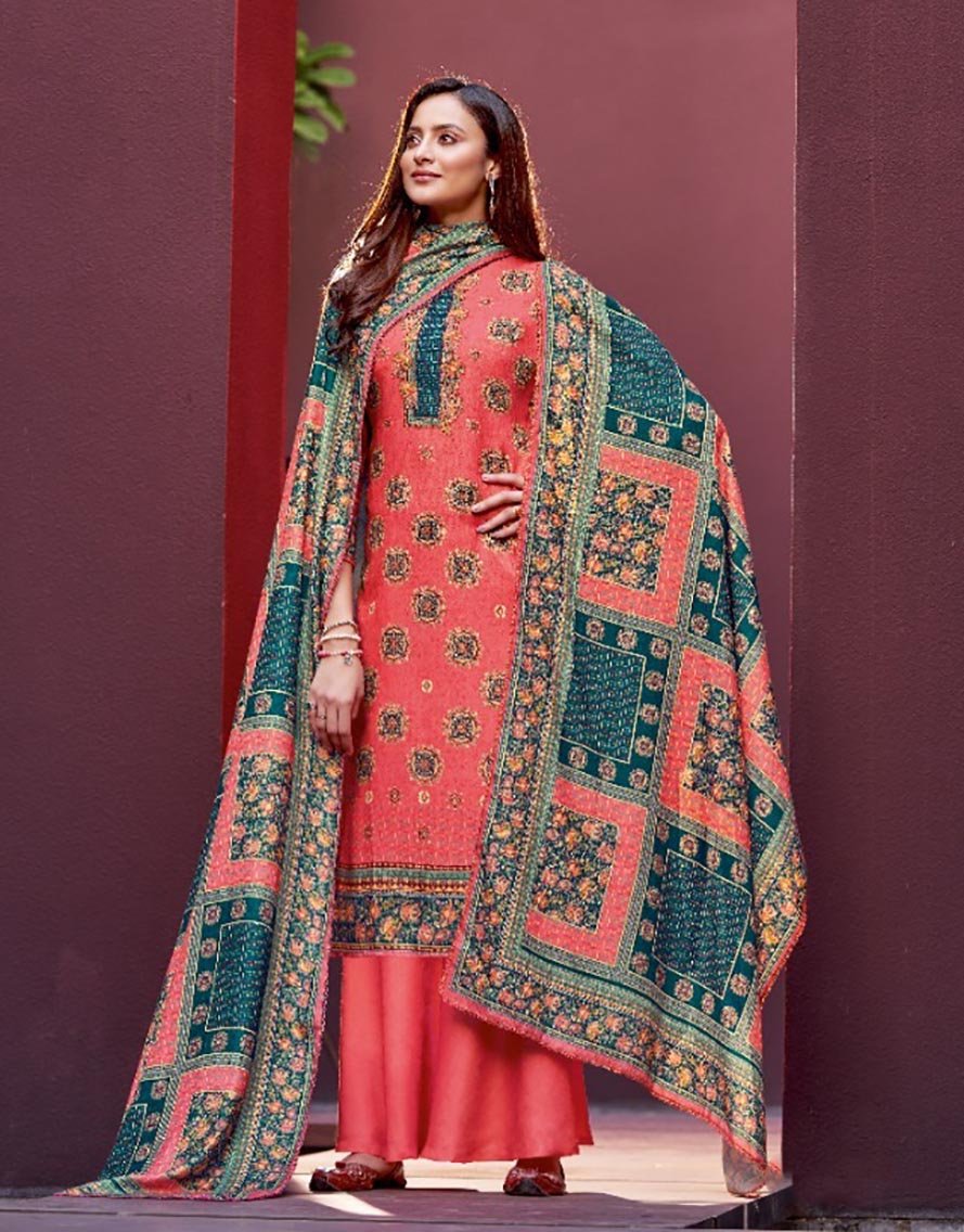 Alok Woolen Pashmina Red Winter Unstitched Suit With Dupatta - Stilento