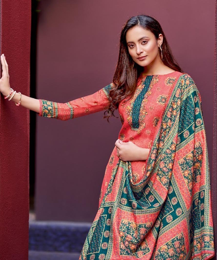 Alok Woolen Pashmina Red Winter Unstitched Suit With Dupatta
