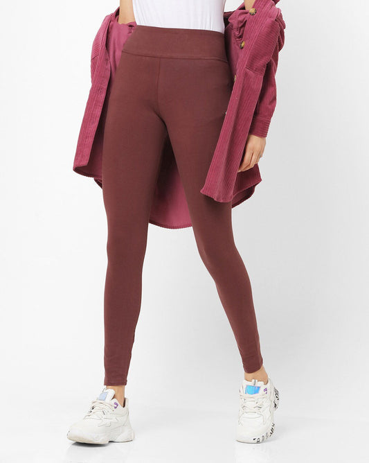 Ankle length Brown stretchable cotton leggings for women - Stilento