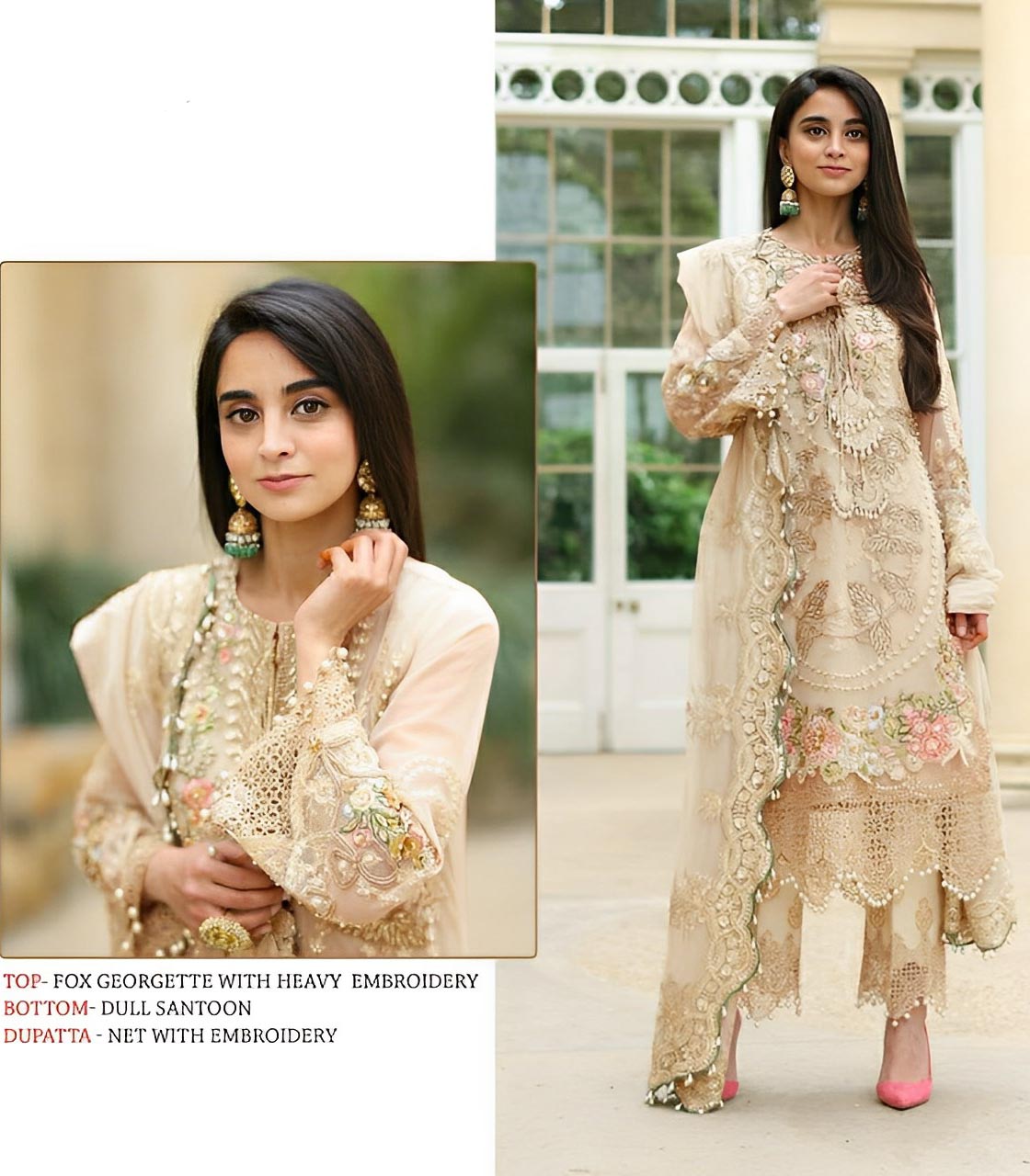 Faux Georgette Pakistani Style Unstitched Beige Suits with Net Dupatta - Stilento