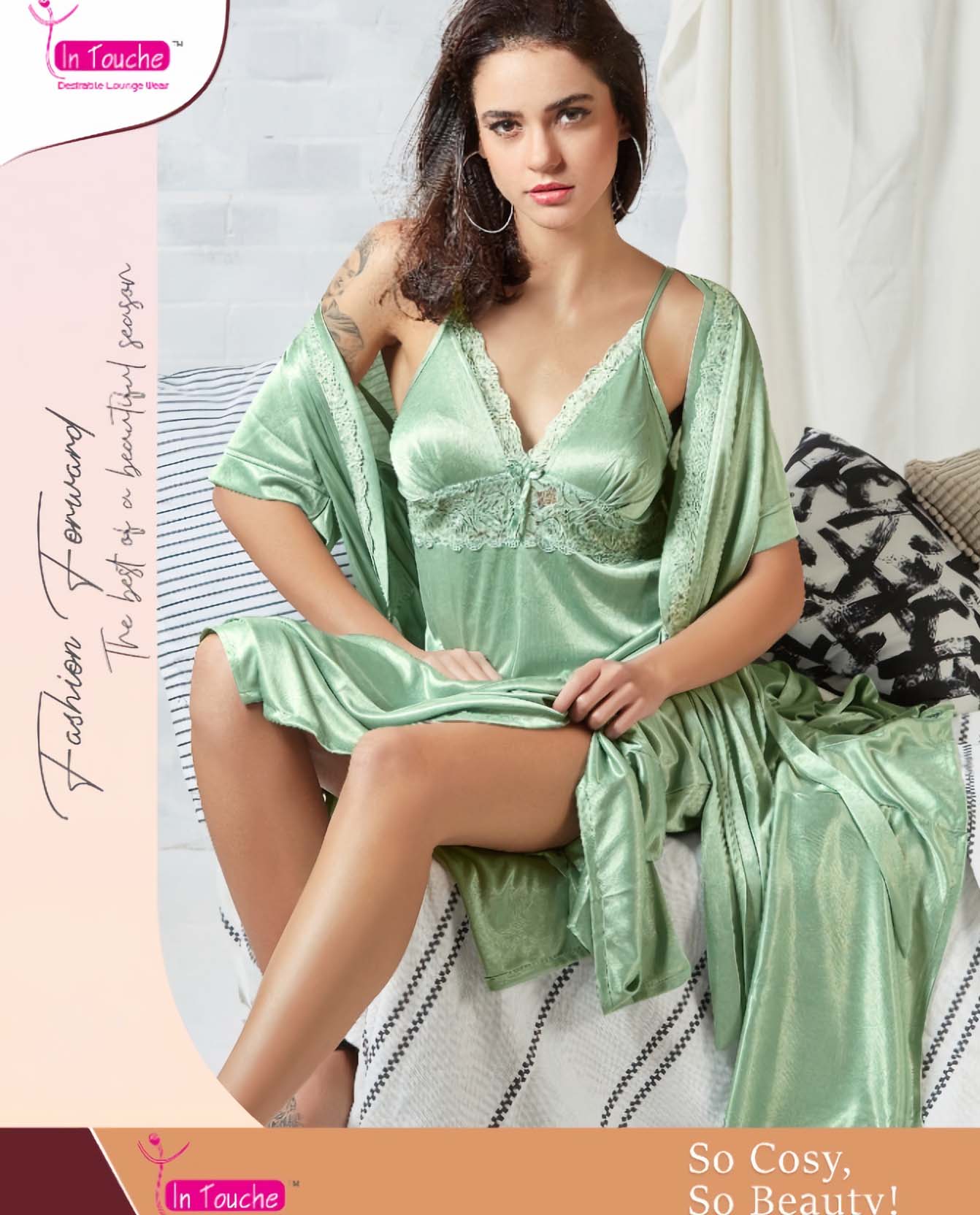 Babydoll Satin Nighty with Robe Nightdress Combo - Stilento