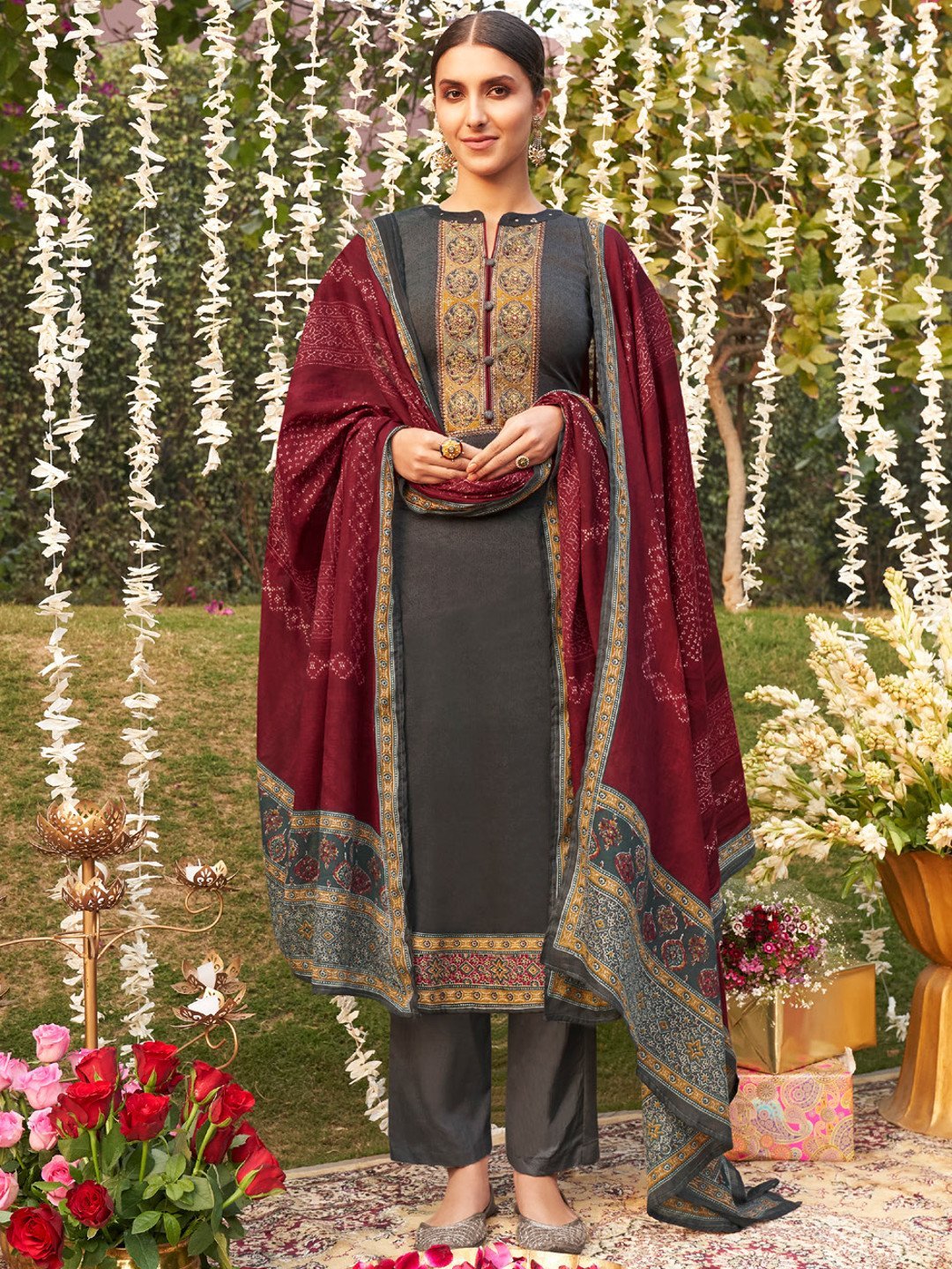 Bandhani Designer Women Salwar Suit Dress Material with Neck Embroidery - Stilento