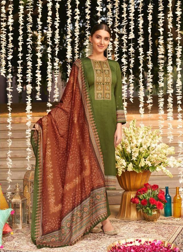 Bandhani Green Digital Printed Designer Dress Material with Neck Embroidery - Stilento