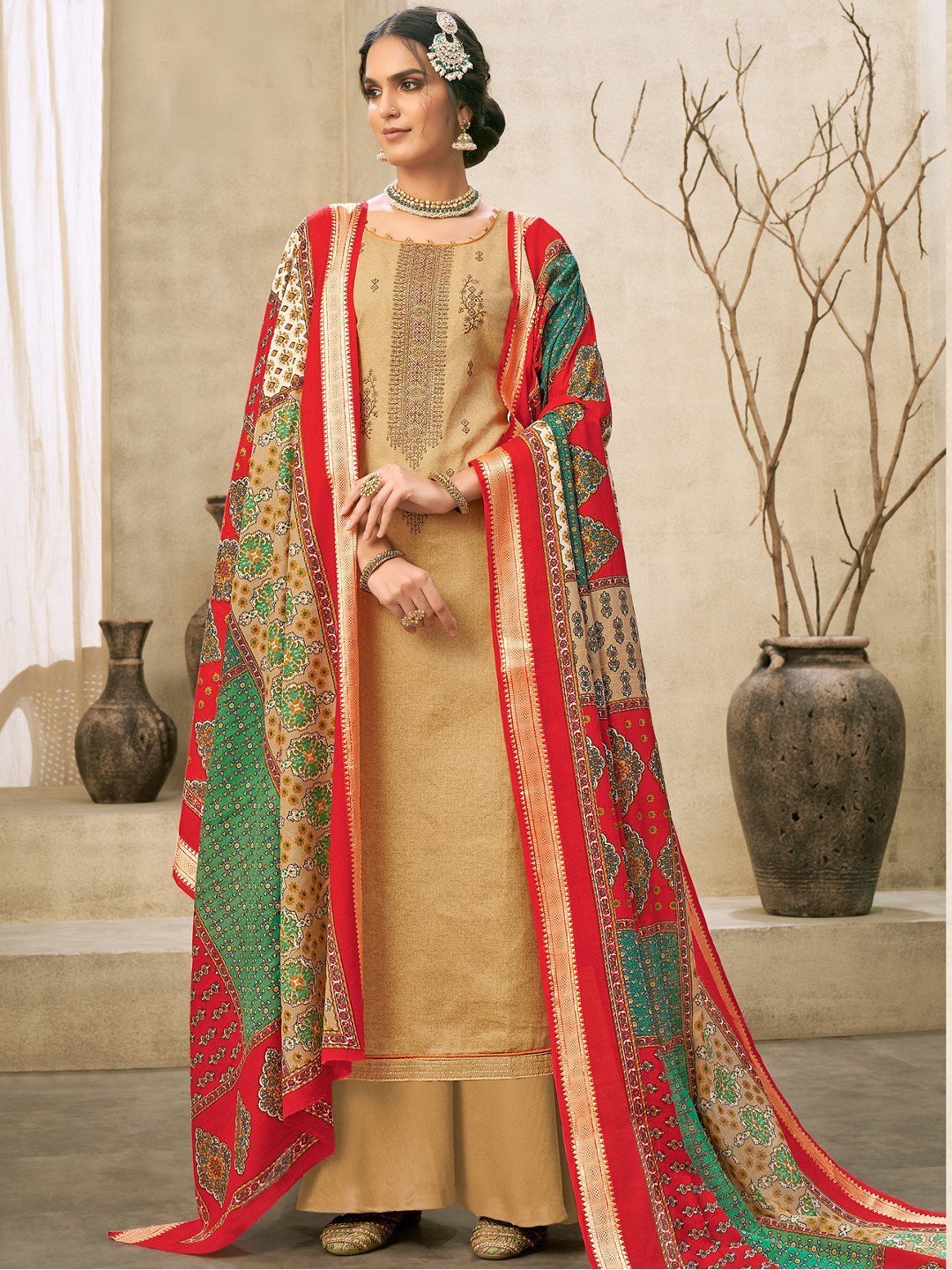 Beige Cotton Embroidered Un-Stitched Palazzo Suit Set - Stilento