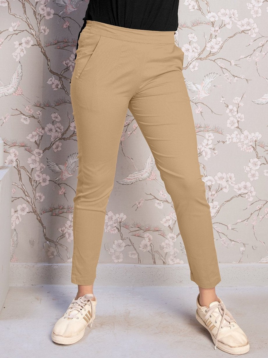 Beige Cotton Spandex Lycra Women Pants - Stilento