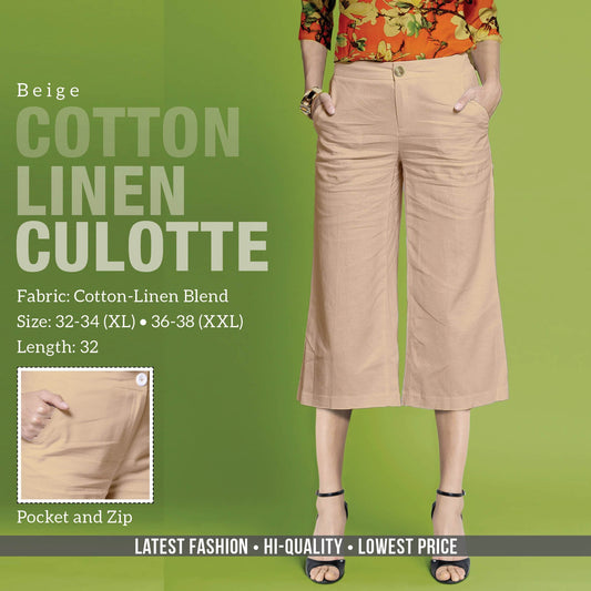 Beige Linen Cotton Culottes Pants for women - Stilento