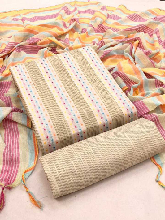 Beige Pure Handloom Cotton Unstitched Dress Material - Stilento