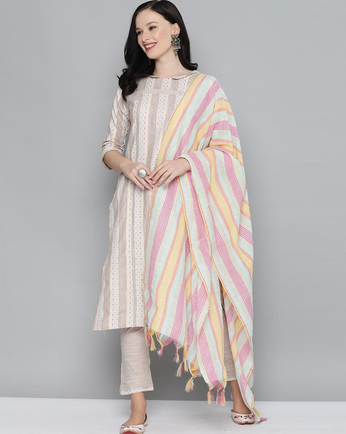 Beige Pure Handloom Cotton Unstitched Dress Material - Stilento