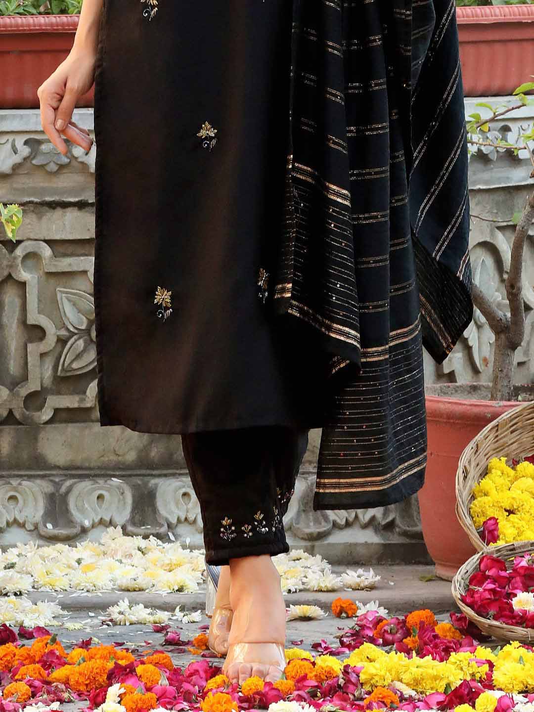 Black Cotton Silk Fully Stitched Suit with Banarasi Dupatta - Stilento