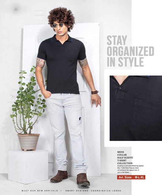 Black Cotton T-Shirt Polo for Men With Collar - Stilento
