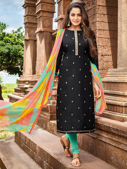 Black Embroidered Unstitched Cotton Suit With Dupatta