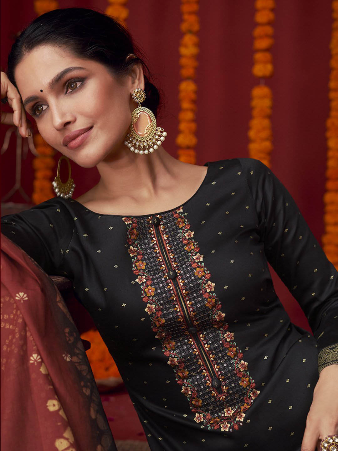 Unstitched Embroidered Cotton Satin Black Salwar Suit Set Material