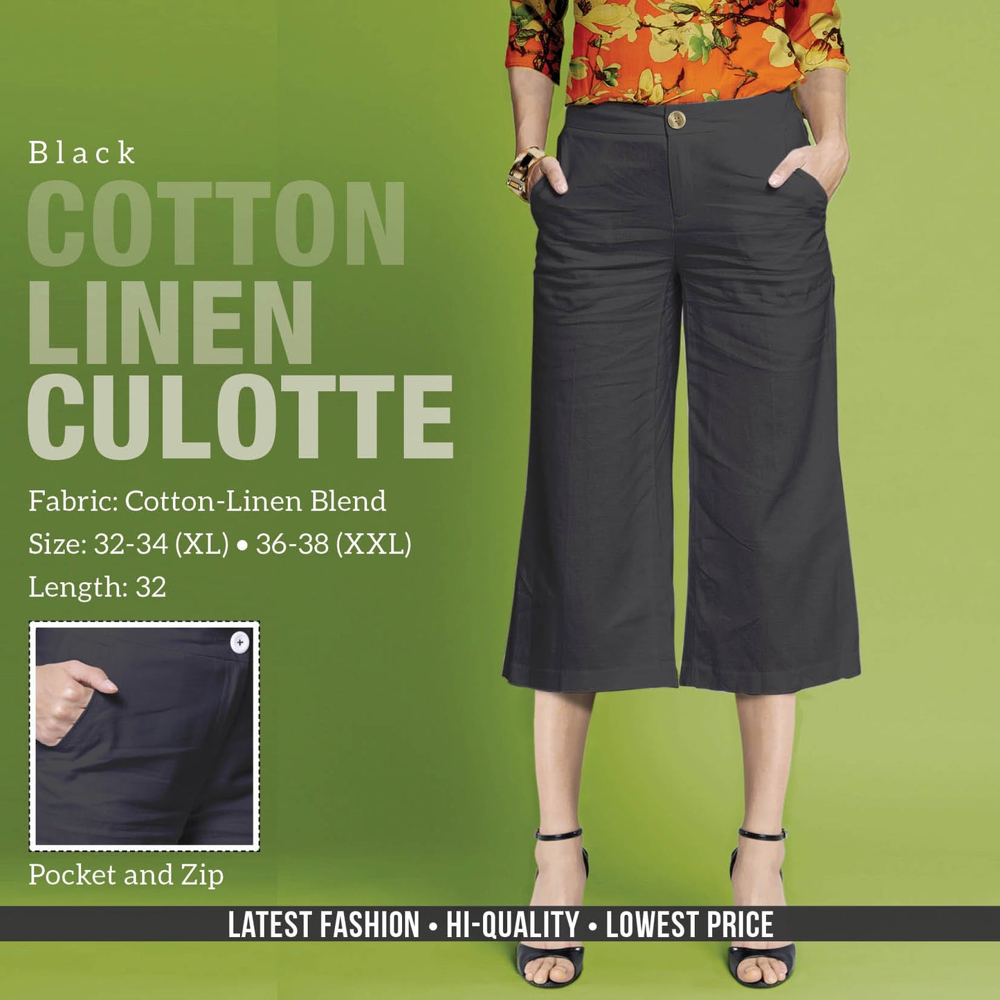 Black Linen Cotton Culottes Pants for women - Stilento