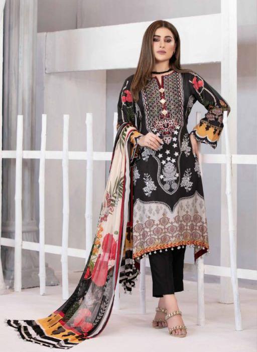 Black Pakistani Jam Satin Cotton Dress Material For Women - Stilento