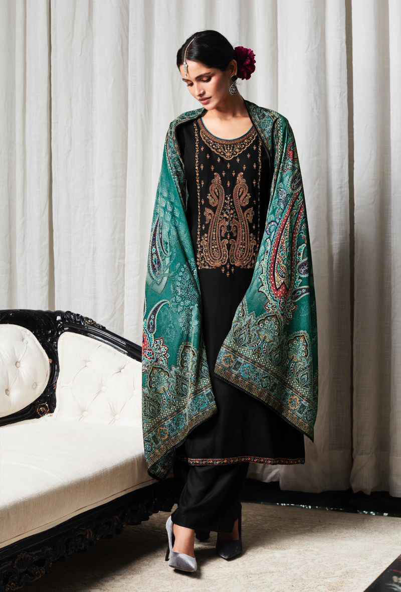 Pure Viscose Staple Pashmina Black Unstitched Winter Suits with Velvet Dupatta - Stilento