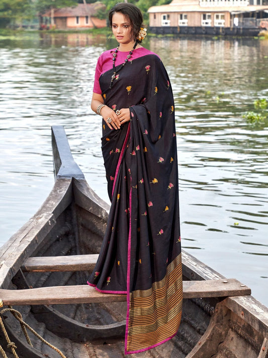 Black Print Chiffon Sarees for Women With Blouse - Stilento