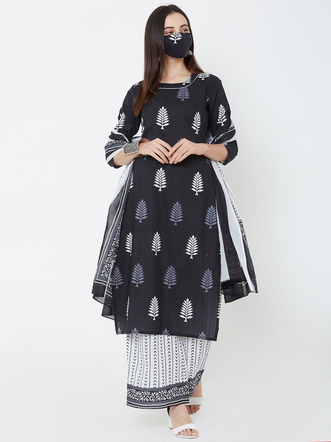 Black Printed Cotton kurta with Palazzo and Dupatta set