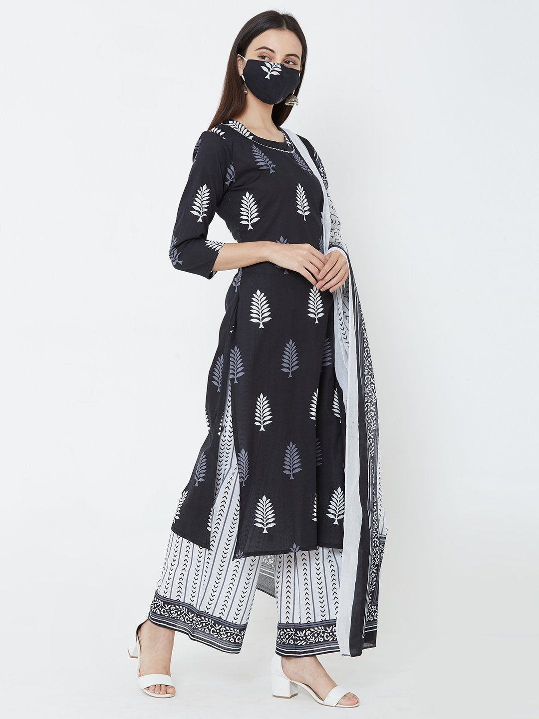 Black Printed Cotton kurta with Palazzo and Dupatta set