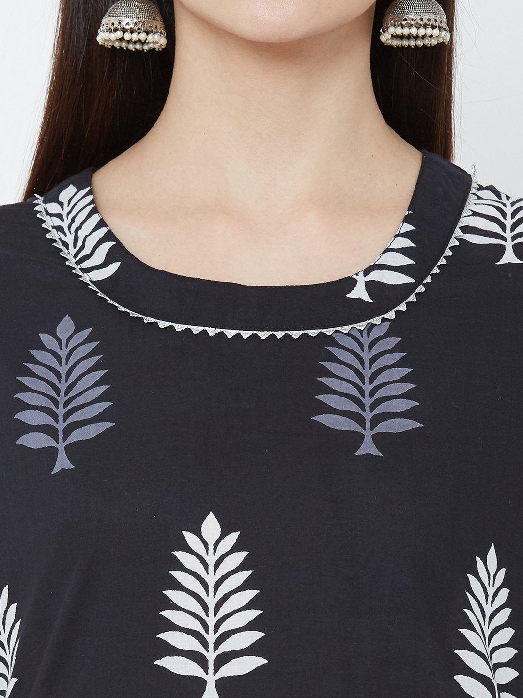 Black Printed Cotton kurta with Palazzo and Dupatta set