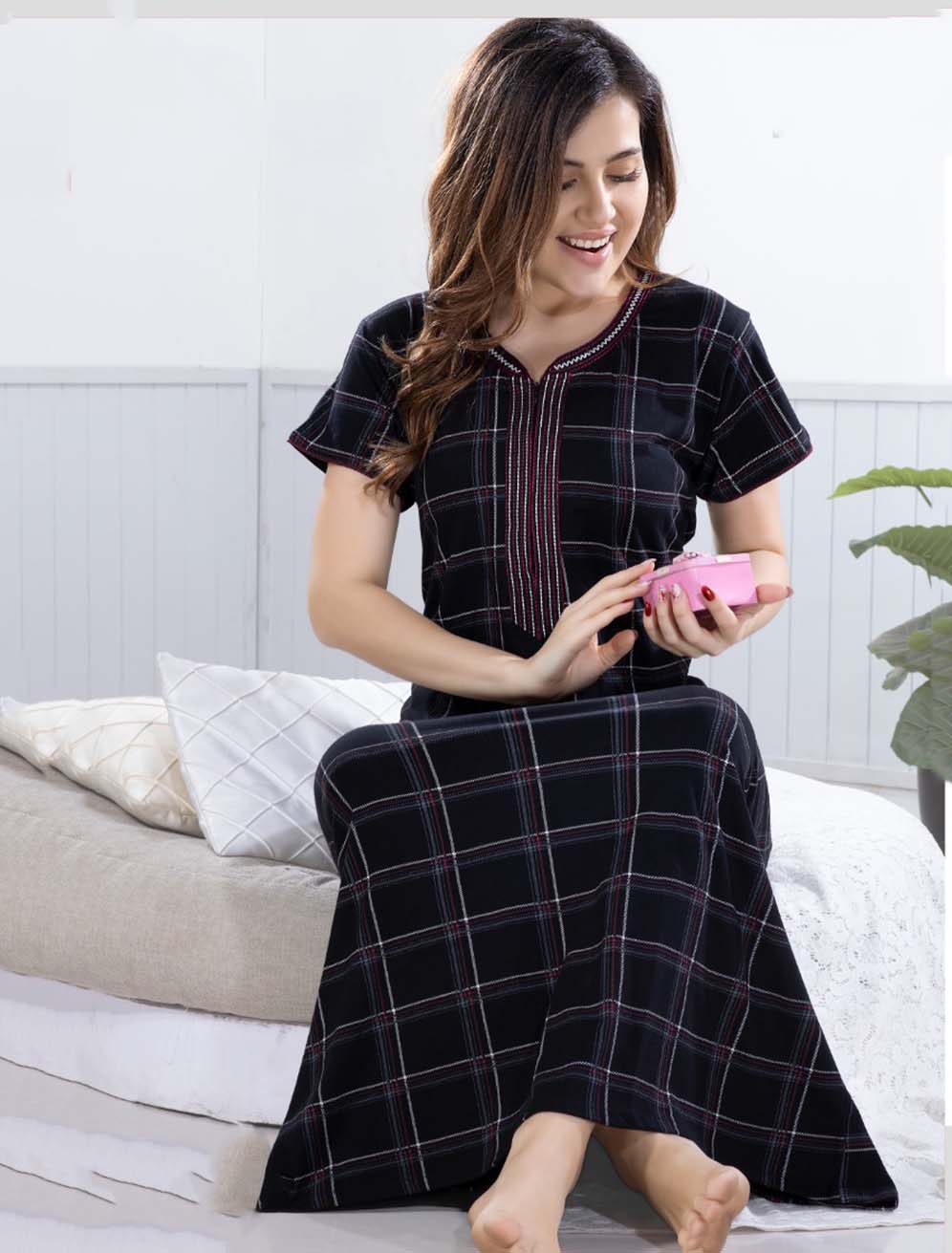 Black Printed Cotton Maxi Nightdress for Women - Stilento