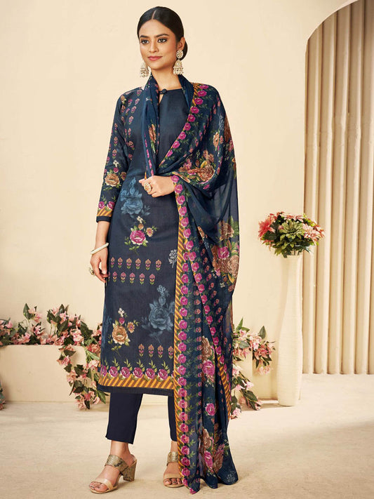 Black Printed Cotton Unstitched Suit With Chiffon Dupatta
