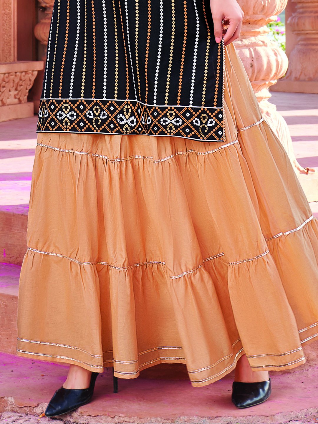 Black Rayon Cotton Kurta with Long Skirt - Stilento