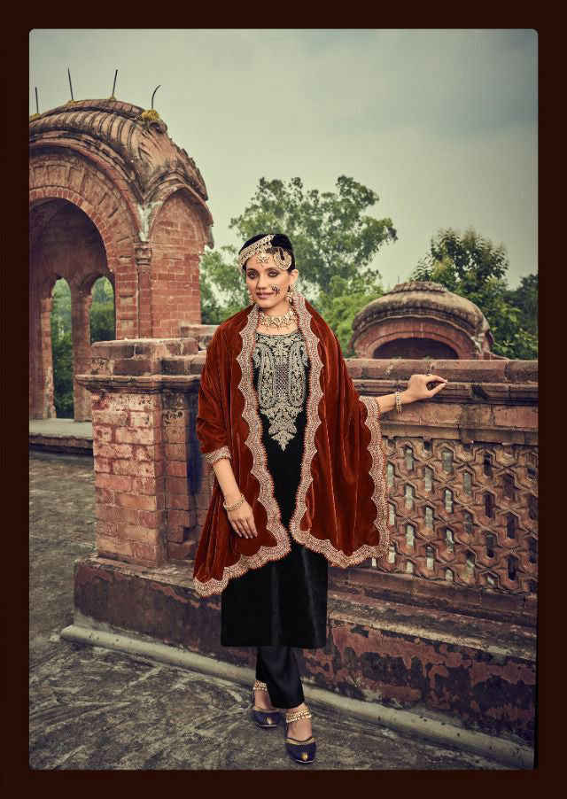 Unstitched Pakistani Style Black Velvet Winter Suits - Stilento