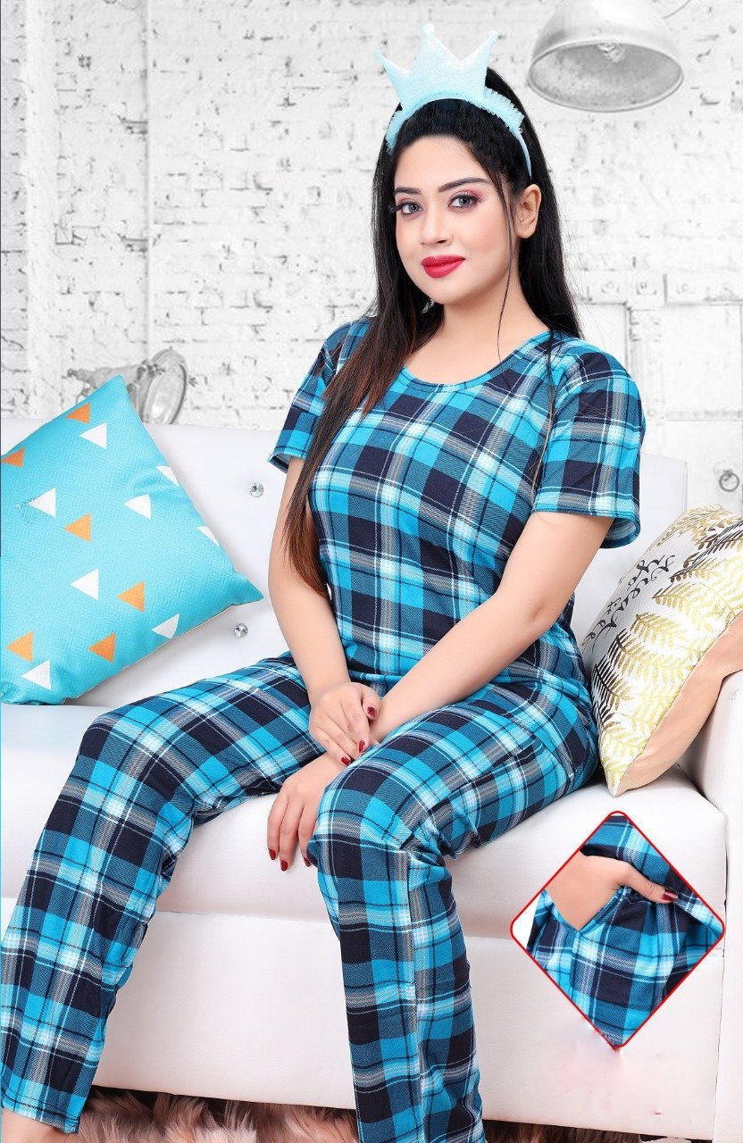 Blue Checked Night suit for ladies with long Top and Pockets - Stilento