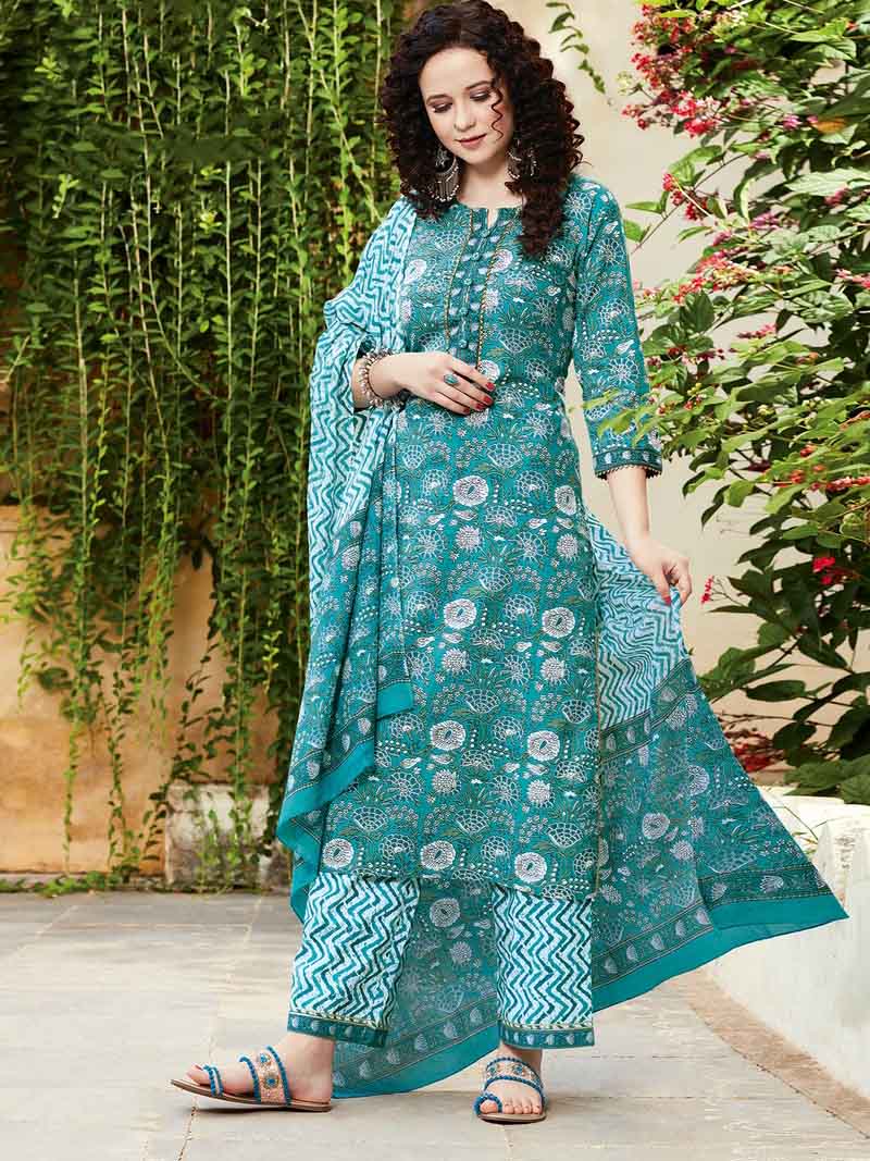 Blue Cotton Kurti Pant Set with Dupatta