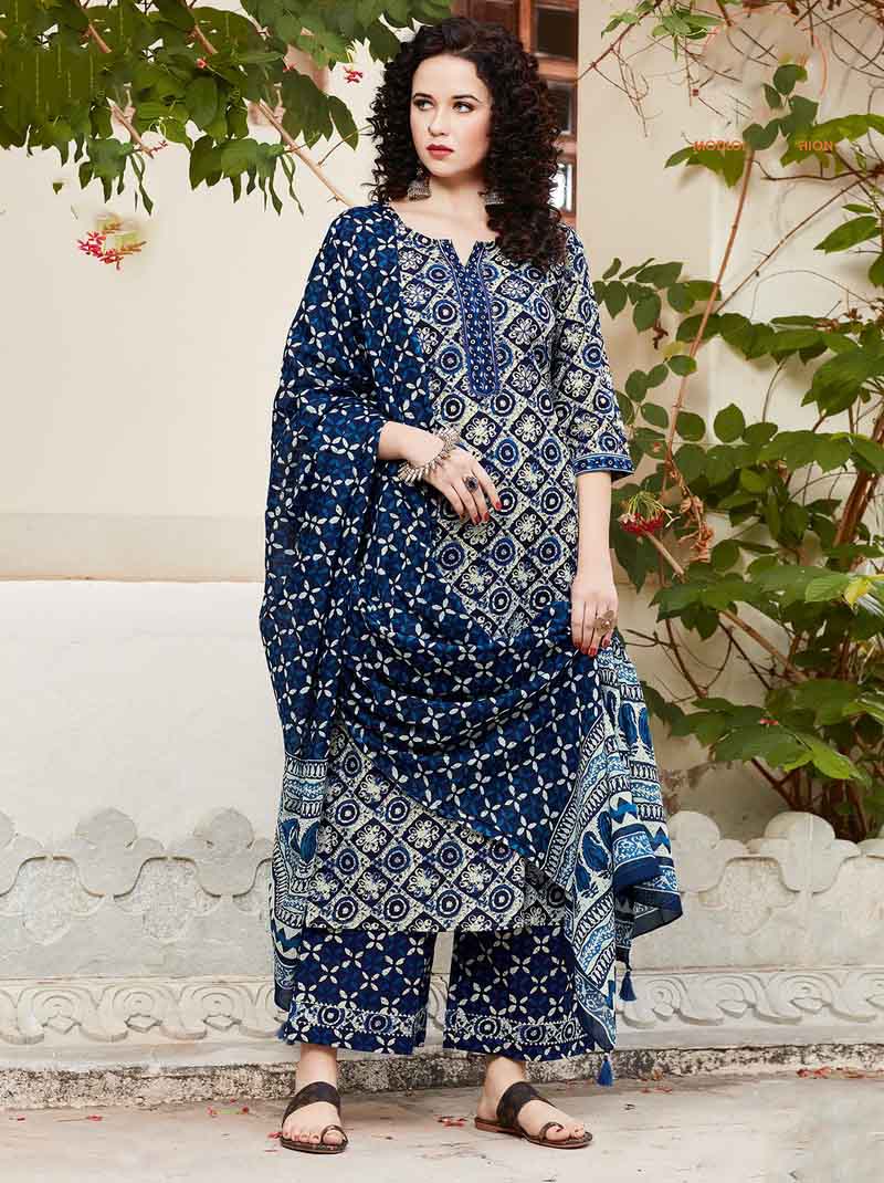 Blue Cotton Kurti Pant Set with Dupatta