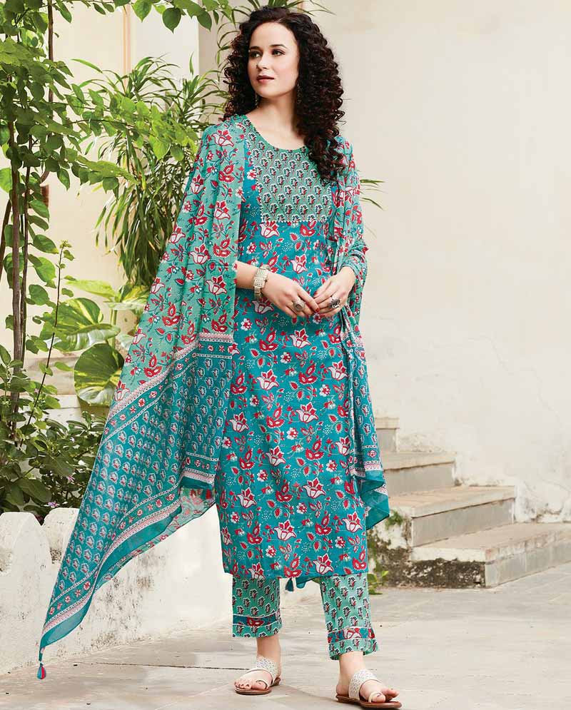 Blue Cotton Kurti Pant Set with Dupatta