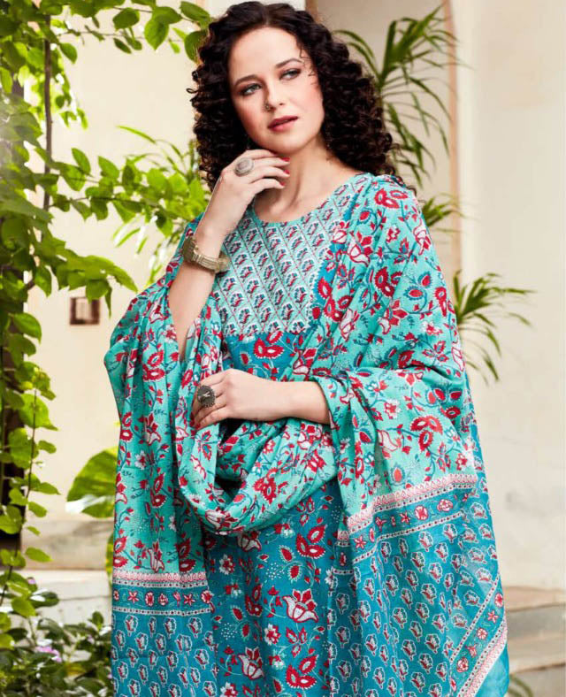 Blue Cotton Kurti Pant Set with Dupatta