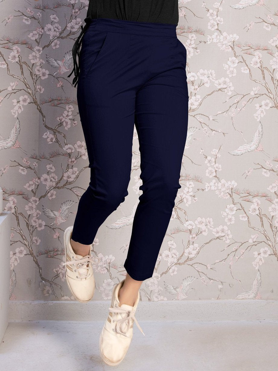 Blue Cotton Spandex Lycra Women Pants - Stilento