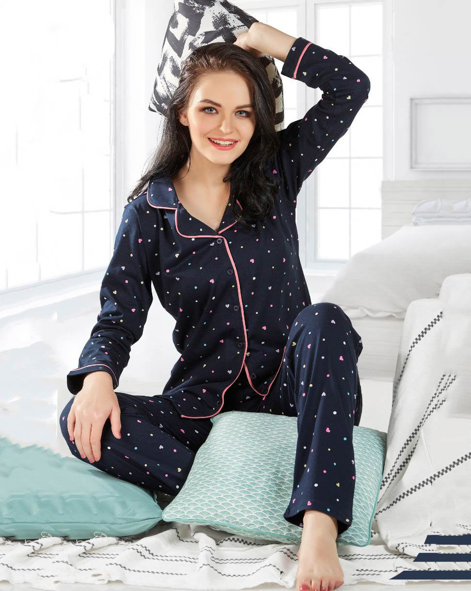 Blue Full Sleeves Winter Cotton Night suit Set for ladies