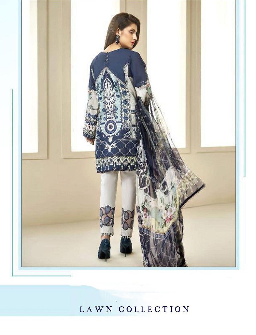 Blue Pakistani Lawn Cotton Unstitched Salwar Kameez Suit - Stilento