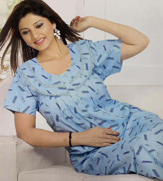 Blue Printed Cotton Full Length Nighty for Women