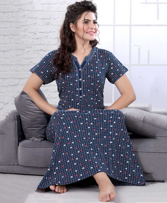 Blue Printed Cotton Full Length Nighty for Women - Stilento