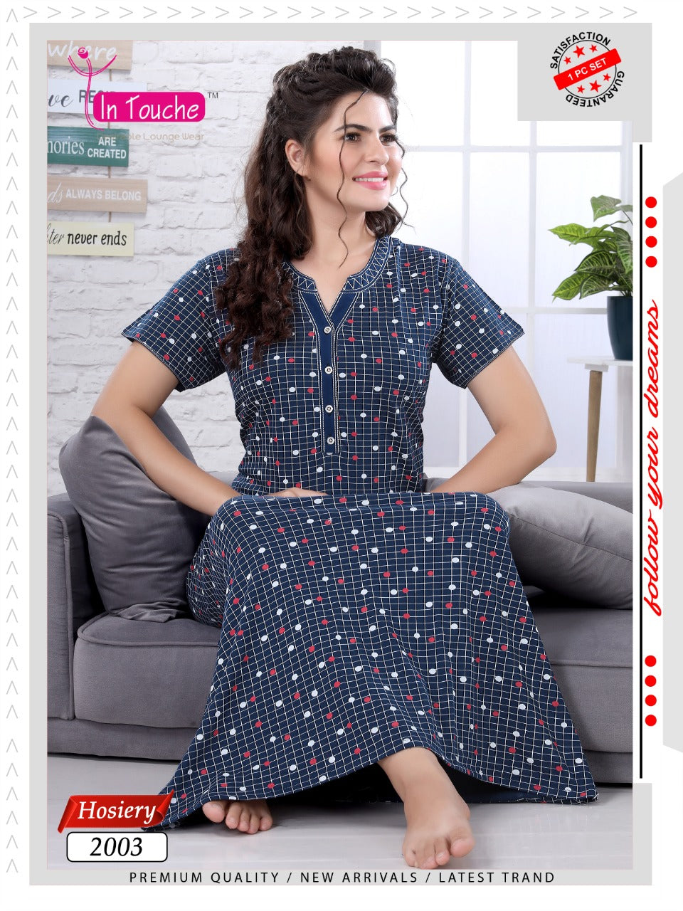 Blue Printed Cotton Full Length Nighty for Women