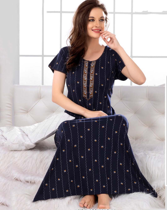 Blue Printed Cotton Maxi Night Wear for Women - Stilento