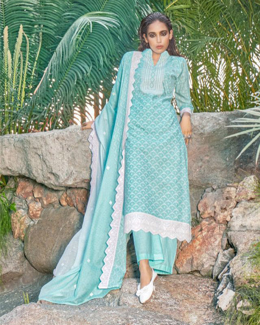 Blue Pure Cotton Printed Unstitched Suit Set