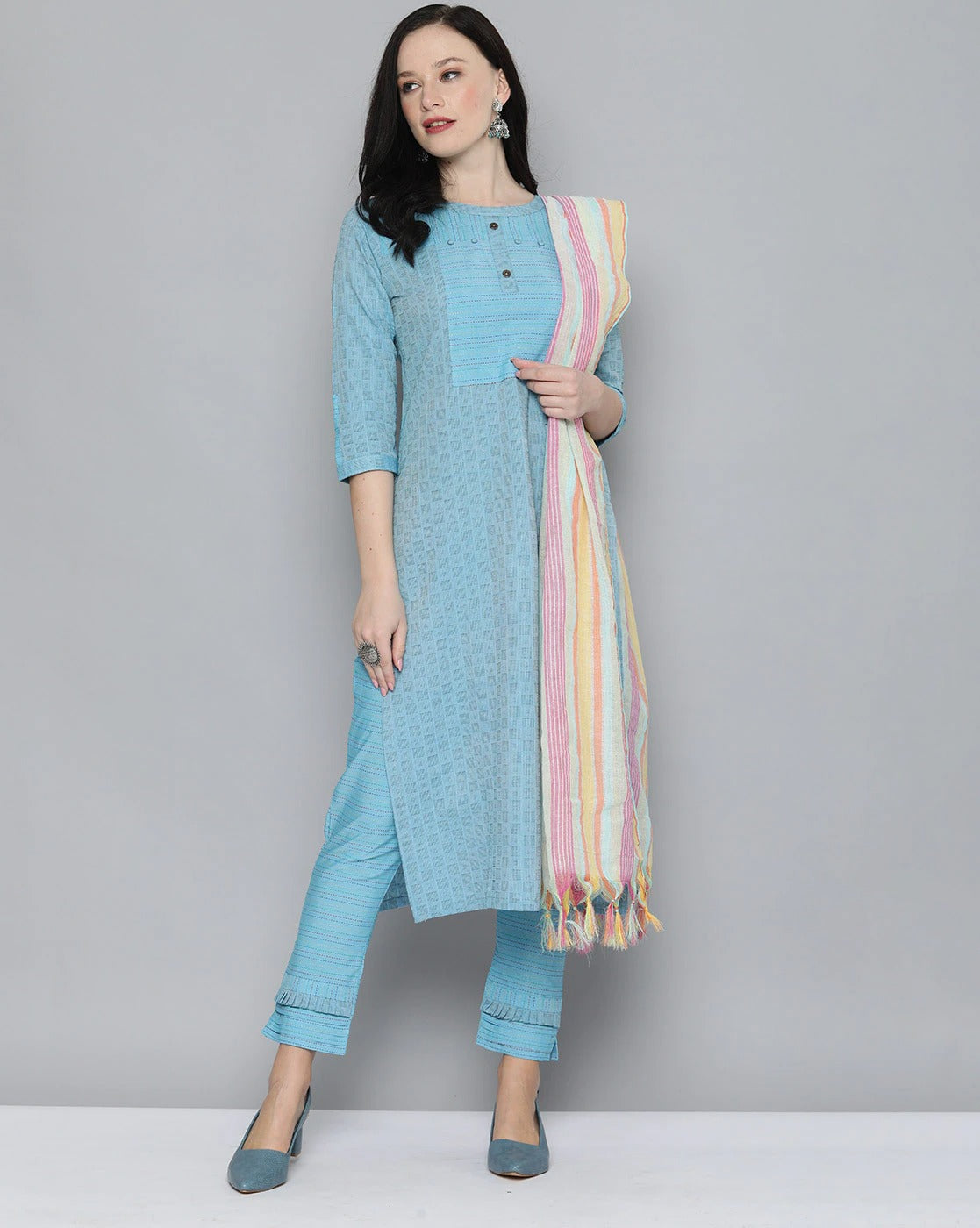 Blue Pure Handloom Cotton Unstitched Dress Material - Stilento